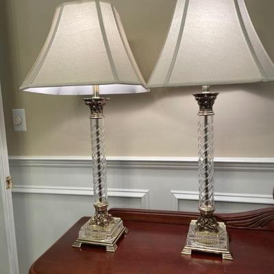Ethan Allen Table Lamps with KG Cut Glass/Gold Base. 35” H x 6.5” Base
(16” shade W)
