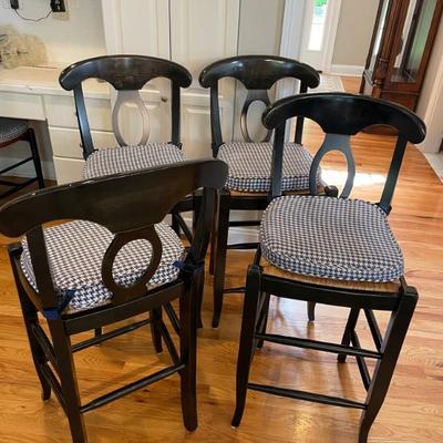 Four Pottery Barn Napoleon Counter Stools with rush seats and cushions. Base 15” D x 17” W x 45” H