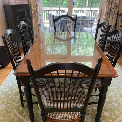 Saybrook Home Dining Set features French Country Butterfly Farm Table with 2 24” leaves (makes square table with seating for 8)