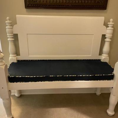 Adorable Antique Wood Bench with custom cushion   55”W x 47” H x 20” D