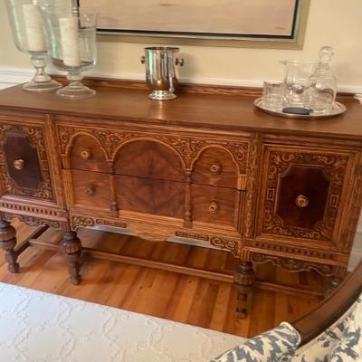 Vintage Carved Oak and Walnut Sideboard with backsplash. 66" W x 20" D x 37" H