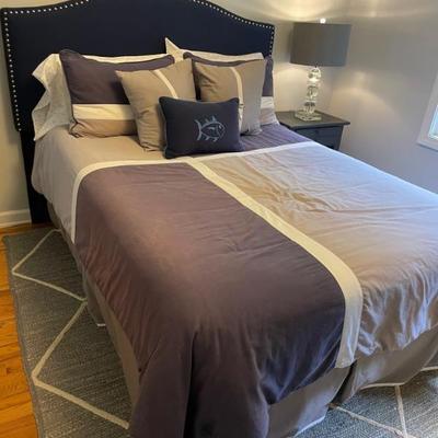 Blue Nailhead Headboard - Fabric, Full Bed. Mattress and Boxspring included 55” H 63” Wx 79” D
