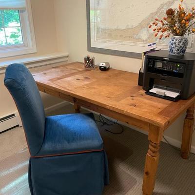 Farmhouse Desk / One Drawer. 66” W x 36” D x 29.5” H. Parson Side Chair
