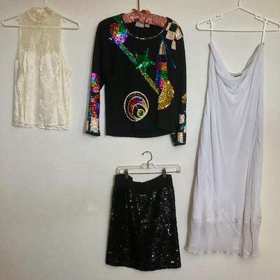 Sequin top, long skirt