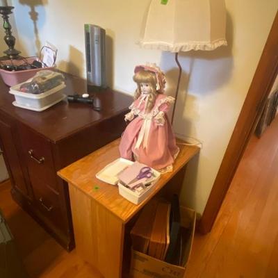 Doll lamp and oak bookcase