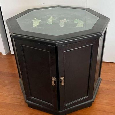 NVN154- Black Octagonal Side Table With Stone Inlaid Carvings