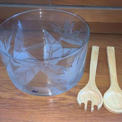 NVN073 Custom Etched Glass Salad Bowl Set Arts Hawaii