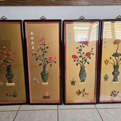 NVN030-Asian/Chinese 4 Panel Jade Framed Art