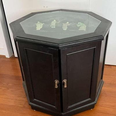 NVN153- Black Octagonal Side Table With Hand Painted & Stone Inlaid Designs