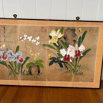 NVN161- Large Asian Brush Art Style On Wooden Side By Side (4) Panel Frame