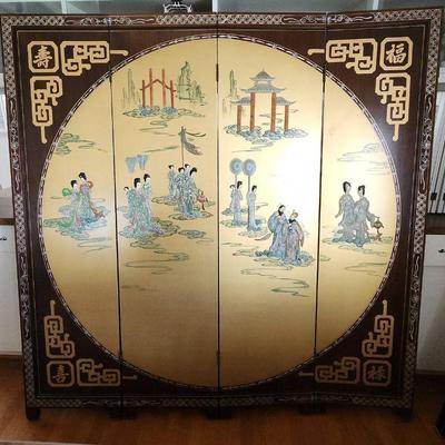 NVN151 - Vintage 4-Panel Asian Themed Room Divider. 