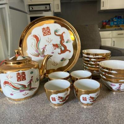 NVN201- Vintage Chinese Porcelain Dragon & Phoenix Tea Set