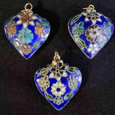 NVN104 - Trio of Vintage Cloisonne Heart Pendants 