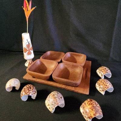 NVN102 - Teak Serving Set with Cowrie Napkin Holders