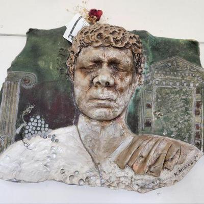 Kathleen Mullen- Raku- Roman Masked Vase wll plaque