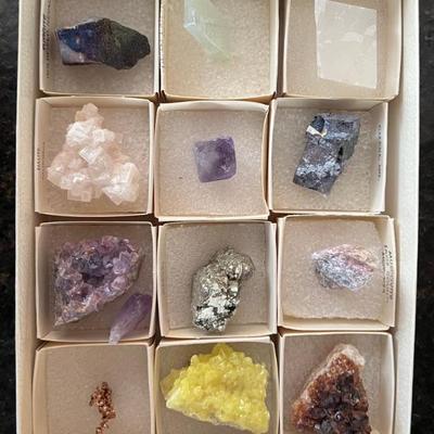 (12) Assorted Small Specimens With Box - Citrine, Sulfur, Amethyst, Fluorite, And More
