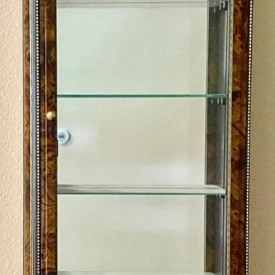 Modern Wall Hanging Curio Cabinet - Faux Burled Wood With Mirrored Back And Four Glass Shelves 