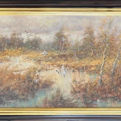 H Hansung Oil On Canvas Mallard In Flight From Howard Lorton Galleries In Gold Tone Frame 