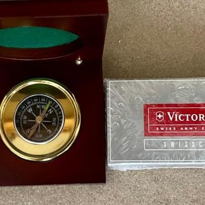 Victorinox Swisscard Ruby Translucent Army Equipped IOB, Compass In Wood Box. 