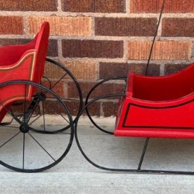 (2) Small Red Wood And Metal Sleigh And Wagon