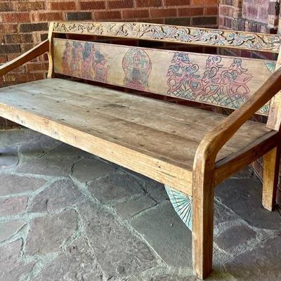 Balinese Carved Teak Wood Daybed Bench Painted Back