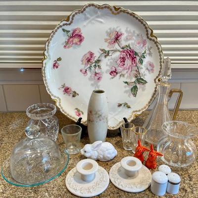 Haviland France Platter, Wedgwood Candle Holders Salt And Peppers, Antique Pitcher And Glasses, Cloche