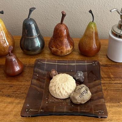 Decor Lot - Restoration Hardware Soap, Art Glass Soap Dish, Pottery Wood And Metal Pears