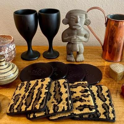 (2) Antique Copper Mugs, Scarab, Limoges Trinket Box, Stone Aztec Warrior (As Is)