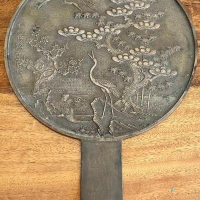 Antique Japanese Bronze Hand Mirror Crane Motif