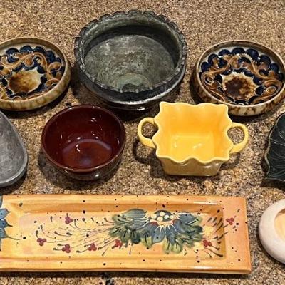 Small Lot Of Assorted Small Bowls And Trays - Metal Leaf And Strawberry, Stoneware, Alabaster, And More