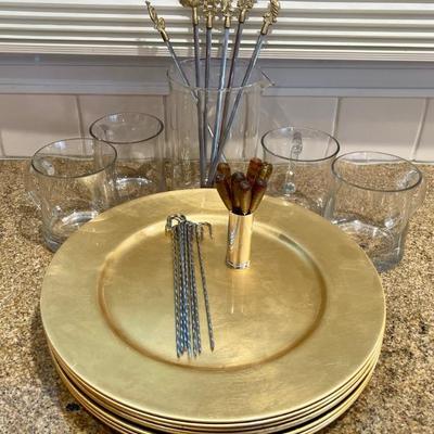 (8) Gold Plastic Chargers, (6) Tarzan Inox Turkey Pokers, Twist Skewers, Art Glass Forks