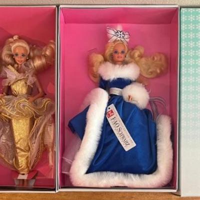 (2) Mattel Barbie Dolls IOB - Golden Greetings 1989 And Winter Fantasy 1990