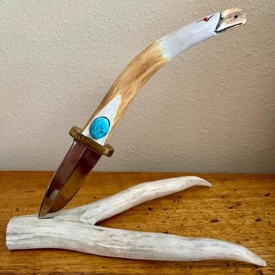 Small Eagle Design Knife By Choctaw Paul Hacker On A Antler Stand