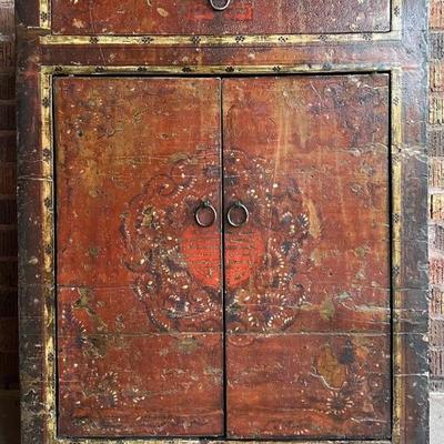 Hand Painted Elmwood Tibetan Cabinet Single Drawer  With Two Doors And Single Shelf 