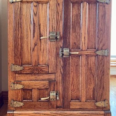 Gorgeous Antique Oak Ice Box Cabinet With Brass Trim 