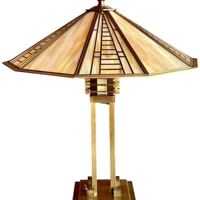 Fredrick Ramond Brass Lead Glass Table Lamp Mission Style Iridescent Glass 