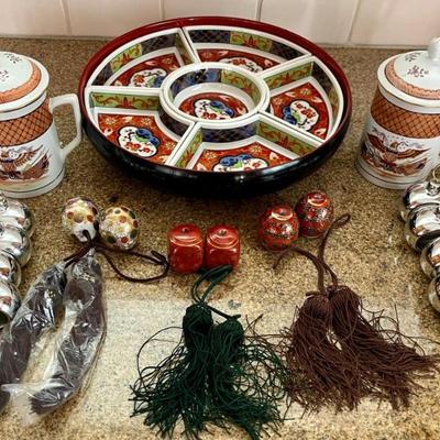 (3) Kutani Yaki Hanging Scroll Weights, Japanese Lazy Susan, Covered Tea Mugs, Napkin Rings