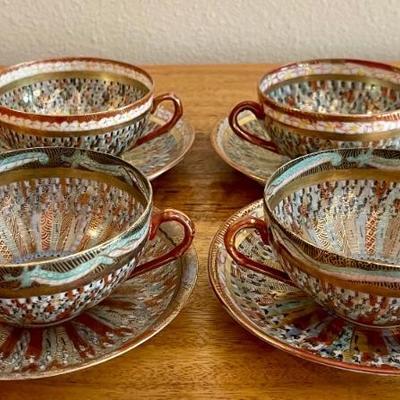(4) Antique Japanese Kutani Thousand Faces Red And Gold Porcelain Handled Cups And Saucers