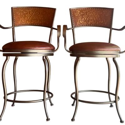 Pair Of Artistica Stamped Back Swivel Bar Stools With Leather Seats