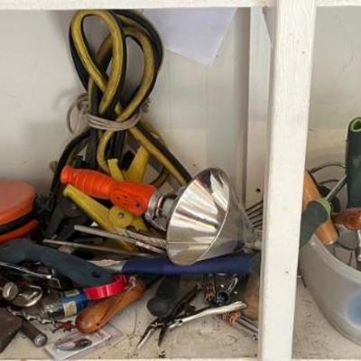 Assorted Tool And Gardening Lot - Hand Trowels, Wrenches, Jumper Cables, Work Light, Hand Trimmers, And More