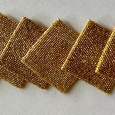 (8) Glass Seed Bead Gold Square Coasters Made In India