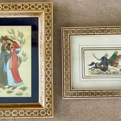 (2) Antique Persian Miniature Paintings On In Inlay Ornate Frames - A Couple, Hunting Horseman 