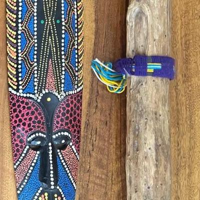 Hand Painted Carved Wooden Tribal Mask Wall Hanging With 19,5" Souvenir Rain Stick