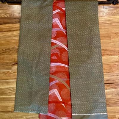Japanese Nagoya Obi Kimono On Hand Carved Wood Hanger