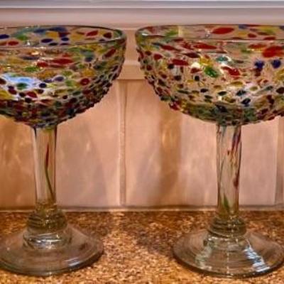 Set Of (4) Hand Blown Confetti Art Glass Margarita Glasses 