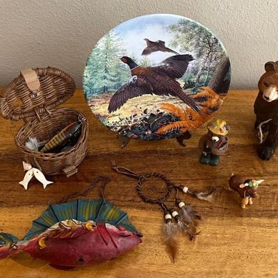 Nature Decor - Fishing Basket With Lures, Carved Bear, Royal Grafton Plate, Dreamcatcher, Fish Wall Hanging