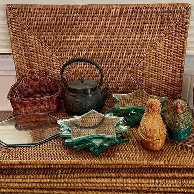 Japan Nambu Cast Iron Miniature Kettle, (8) Wicker Place Mats, Wicker Basket, (15) Beveled Mirrors, And More