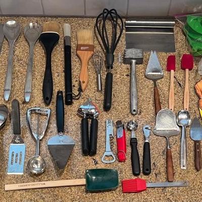 Kitchen Lot - Whisks, Brushes, Pie Server, Spatulas, Garlic Mincer, Bottle Openers, And More
