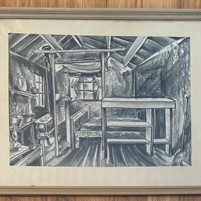 Vintage Charcoal Cabin Interior Scene In Frame