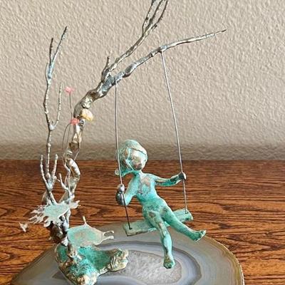 Malcolm Moran 1971 Brass Swinging Girl Sculpture On Agate Base 